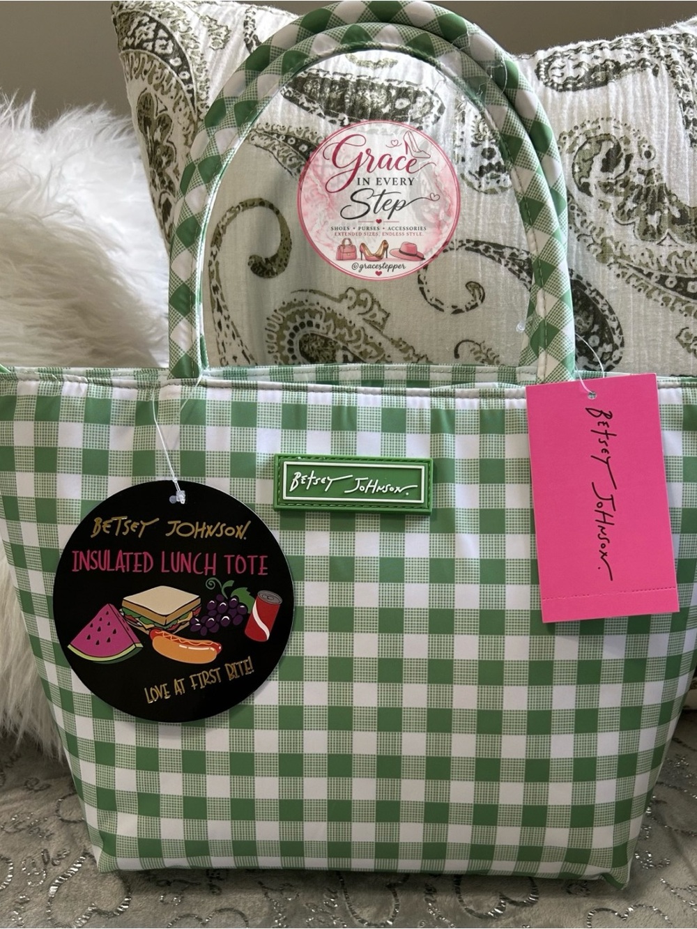 Betsey Johnson “Love at First Bite” Large Green and White Gingham Lunch Tote